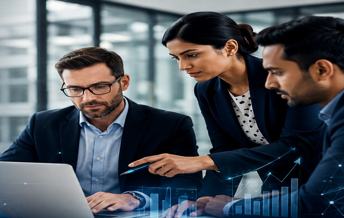 Business professionals collaborating on business transformation and technology decisions
